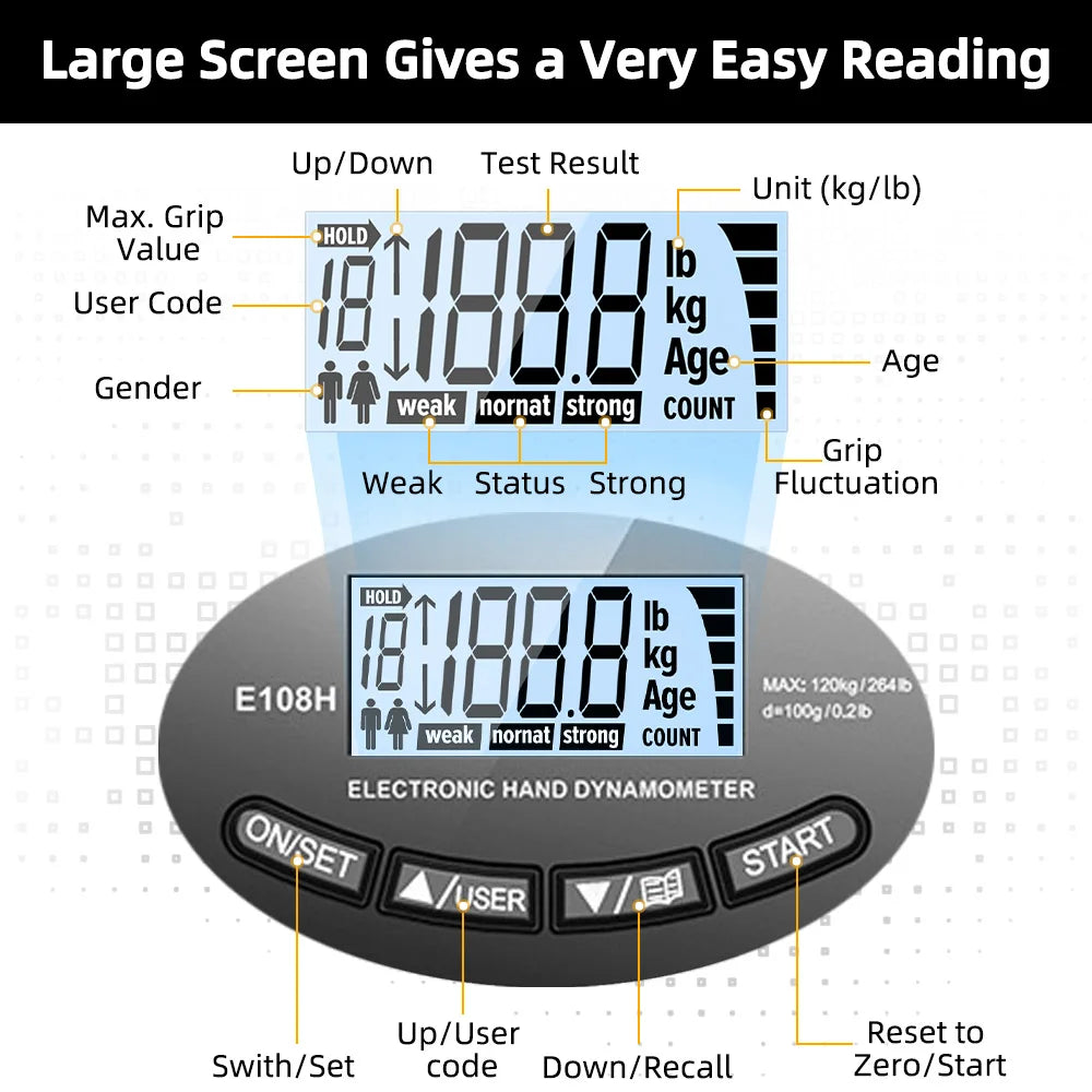 Grip Strength Tester 265Lbs/120Kg Digital Hand Dynamometer Grip Strength Meter USB LCD Screen Hand Grip Dynamometer